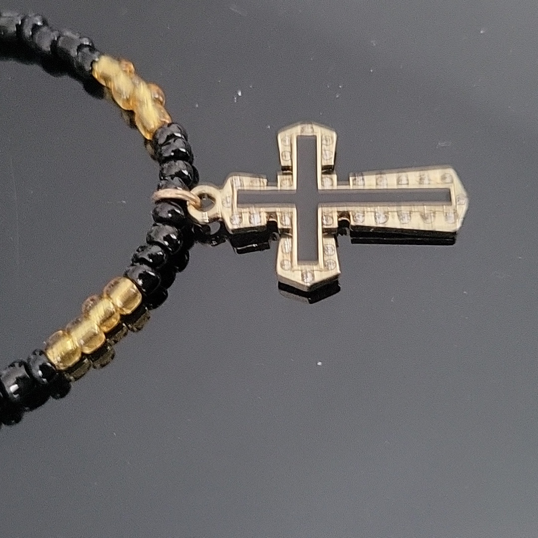 Handcrafted Black And Gold Beaded Necklace With Goldtone Cross Pendant